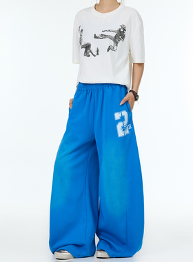 YGAN年少不知美式蓝色低腰弯刀卫裤女款休闲宽松爵士舞A字阔腿裤