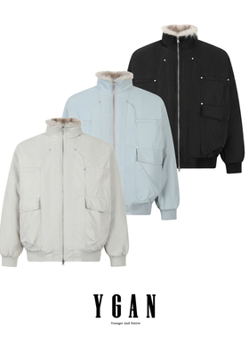 YGAN冰川蓝色毛领座山雕外套男女款冬季加厚美式派克棉服夹棉棉袄