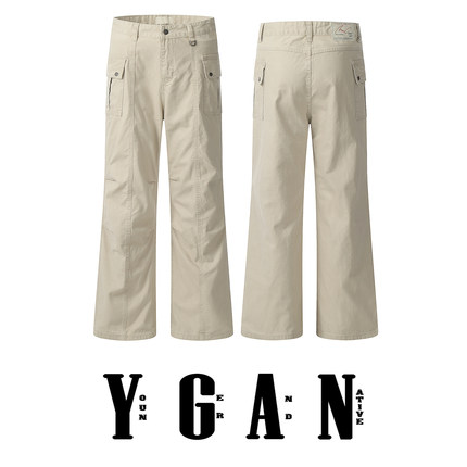 YGAN年少不知美式复古褶皱杏色工装裤男女款多口袋直筒宽松休闲裤