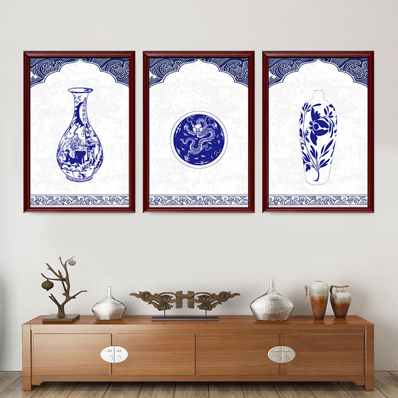 新中式青花瓷装饰画古玩花瓶客厅沙发背景墙挂画餐桌饭厅茶室壁画图片