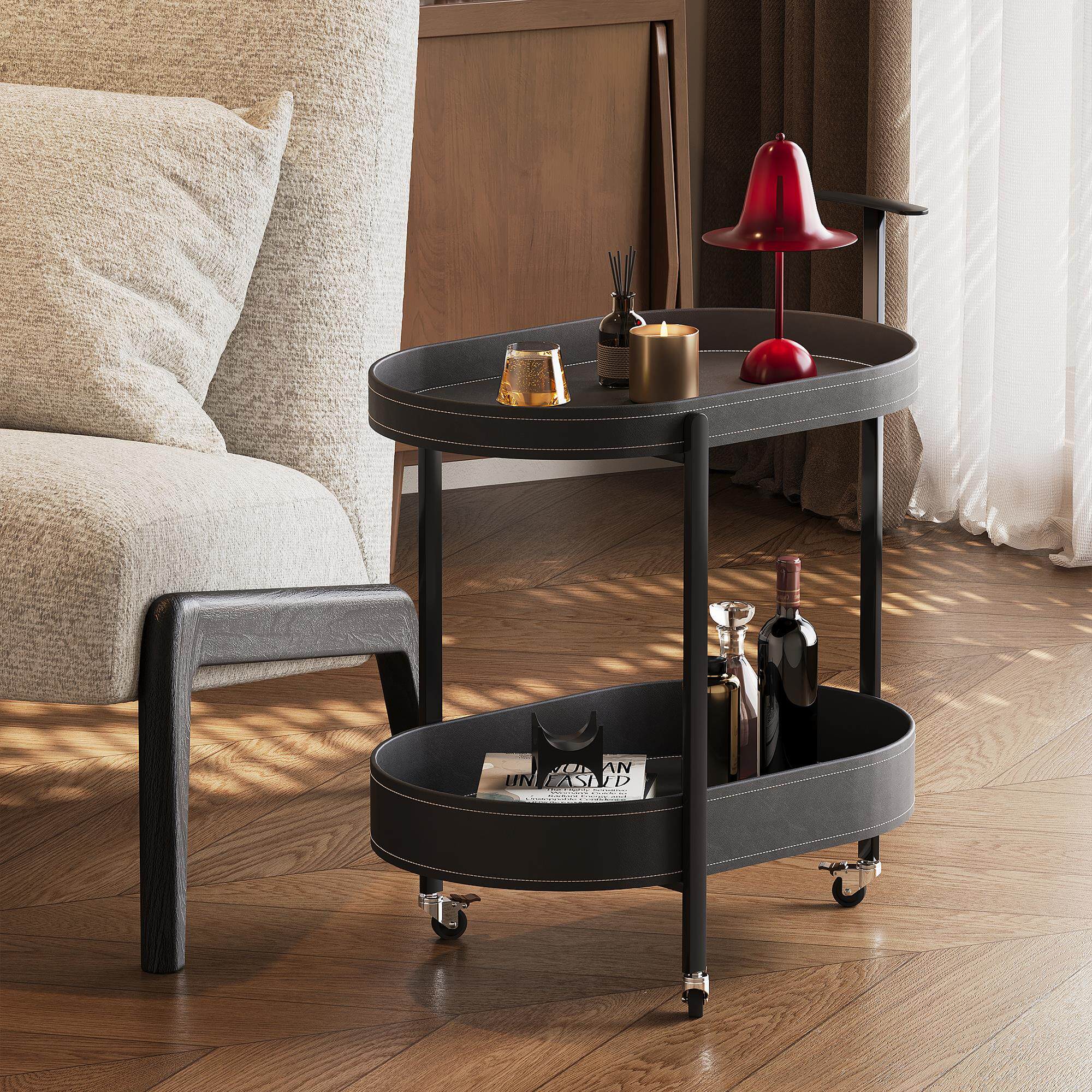 意式高级感边几带轮可移动轻奢覆古客厅马鞍皮沙发边桌小推车茶几