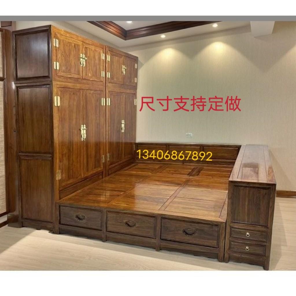 老榆木炕床东北炕床中式暖阁实木榻榻米床衣柜一体储物全屋定制