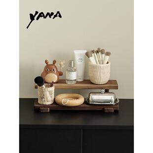 YANA亚纳 高档桌面胡桃木小型双层收纳架家用实木杂物整理置物架