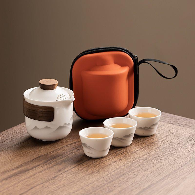 羊脂玉瓷可携式户外旅行茶具套组一壶三杯防烫泡茶壶茶杯快客杯