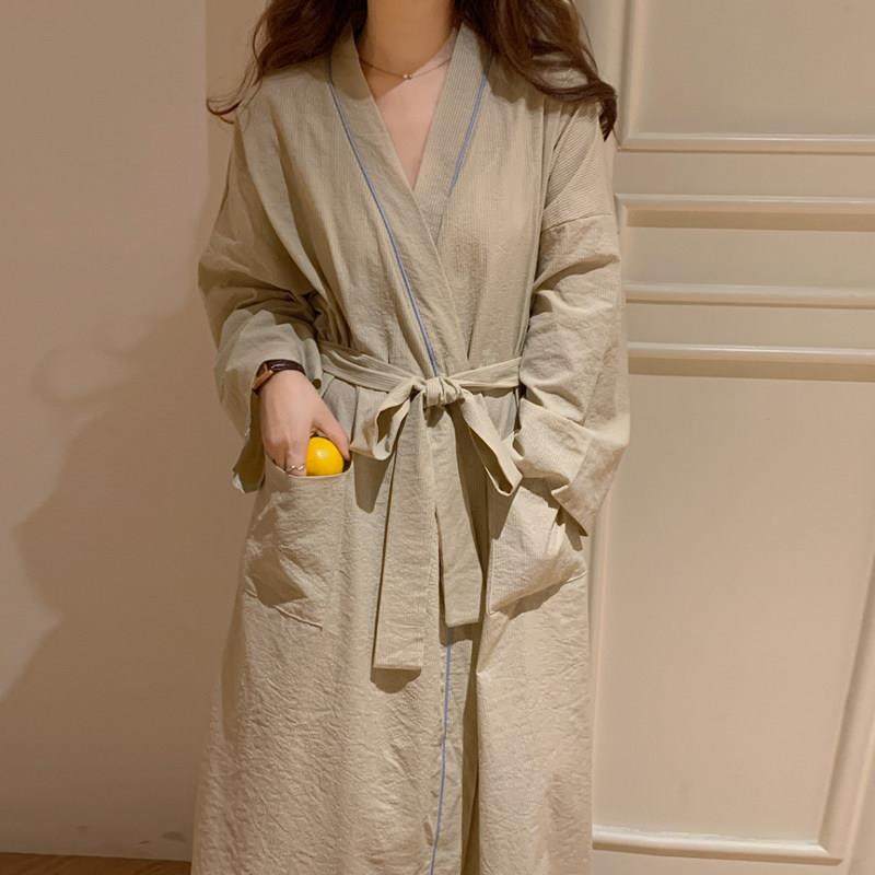 韩国睡袍长款条纹撞色简约浴袍女四季通用宽松ins棉麻睡衣家居服