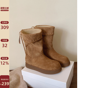 Chio2nd南风 4CM增高靴子女款冬加绒短靴麂皮棕色超软流苏中筒靴