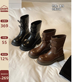 Chio2nd南风 真皮短靴女褶皱秋冬中筒加绒机车骑士靴炸街马丁靴