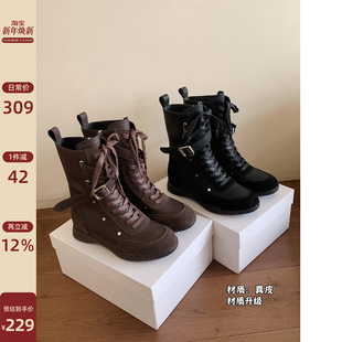 Chio2nd南风 靴子 4cm增高真皮短靴复古真皮机车靴绑带马丁靴女款