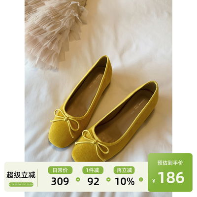 Chio2nd黄色绒面蝴蝶结玛丽珍鞋
