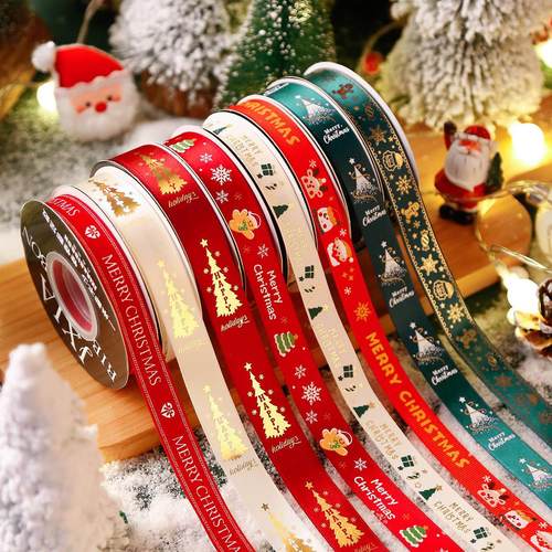 工厂直营精品圣诞丝带烫金礼物装饰品绸带绳酒红墨绿色手工蝴蝶结