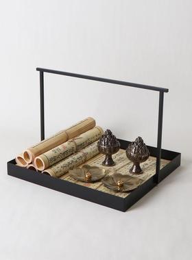 新中式方形铁艺托盘书卷组合摆件样板房展厅会所茶几茶室软装饰品