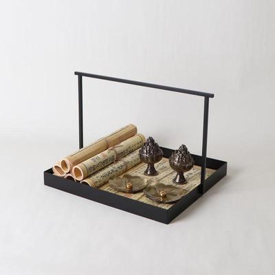 新中式方形铁艺托盘书卷组合摆件样板房展厅会所茶几茶室软装饰品