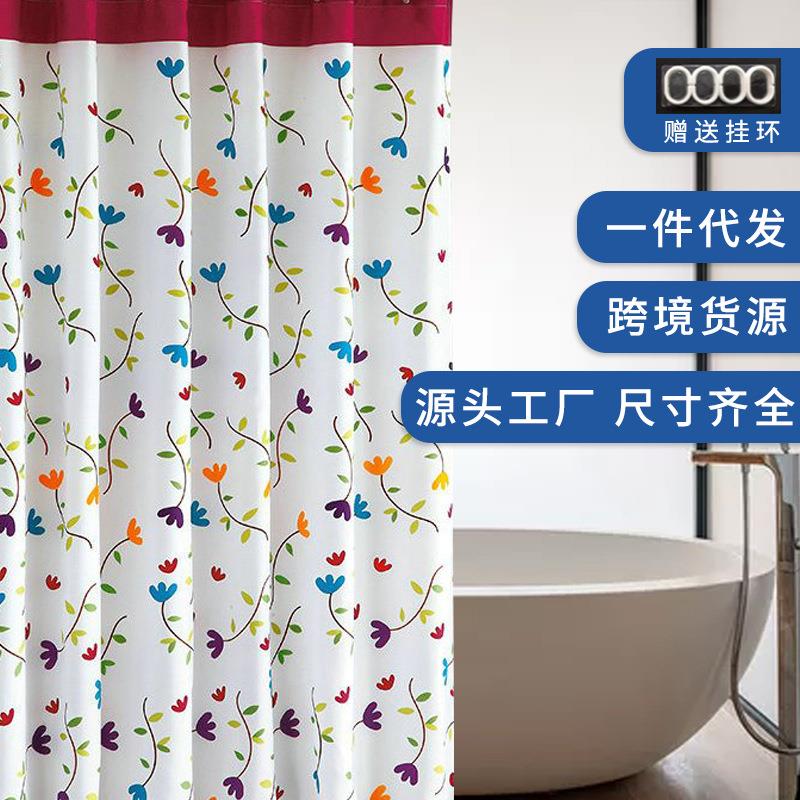 春亚纺加厚涤纶浴帘 美式兰之花浴帘布定制浴帘套装免打孔跨境