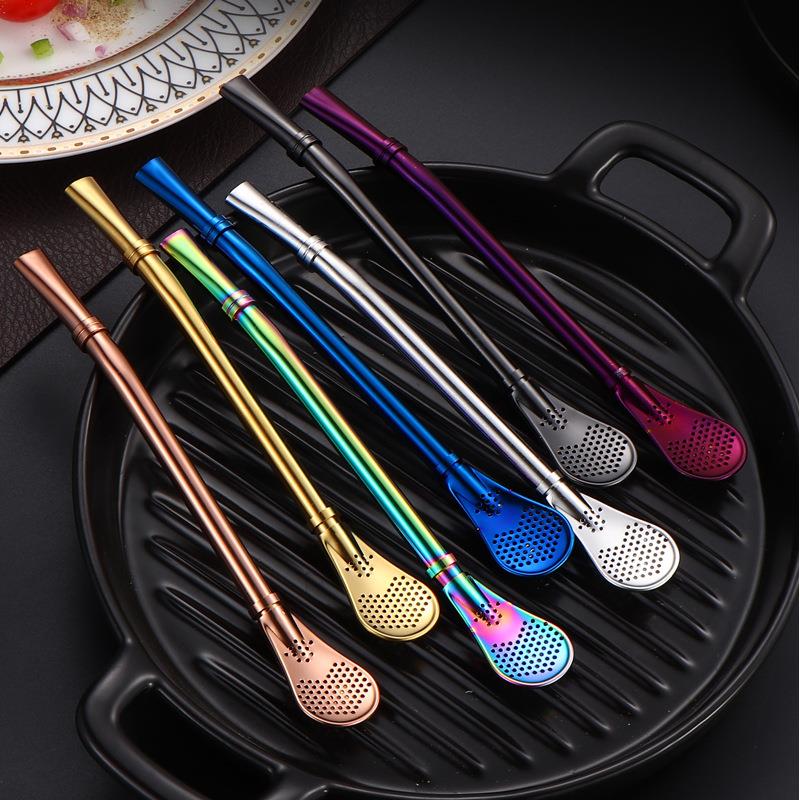 304不锈钢吸管勺子一体两用果汁咖啡搅拌勺花茶吸管马黛茶过滤勺