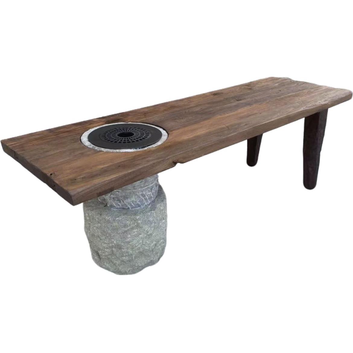 侘寂风老木与老石炭炉桌子中古围炉煮茶桌泡茶桌原木风化茶桌大板