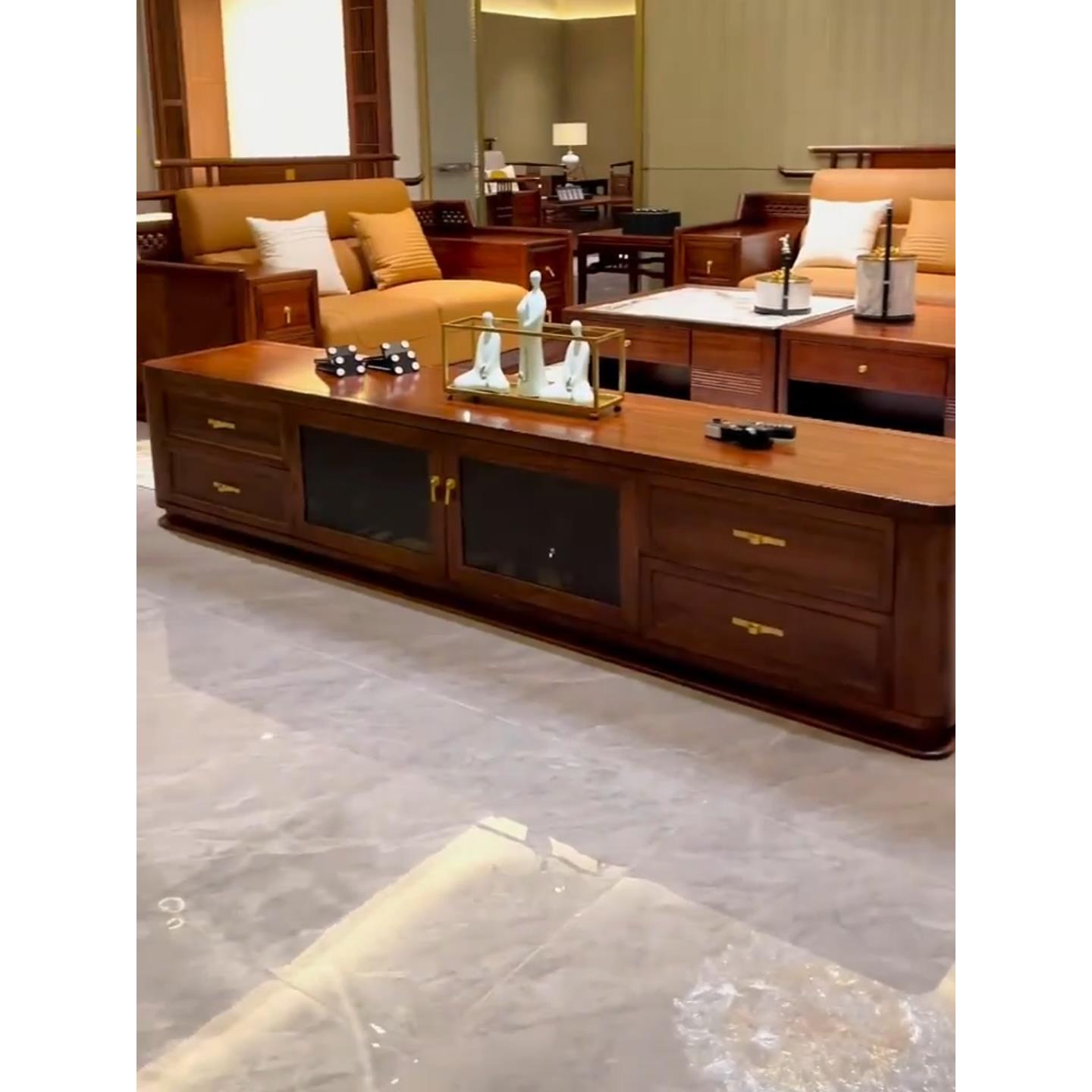 新中国风乌木电视柜现代地板客厅地板柜家庭实木收纳柜电视柜2.4