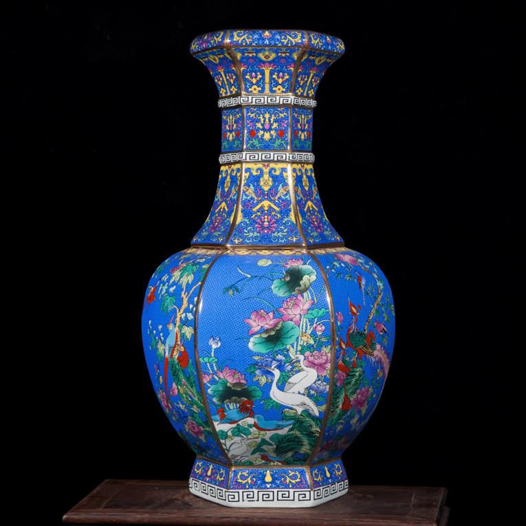 景德镇陶瓷器花瓶 仿古手工描金珐琅彩粉彩六面花鸟收藏装饰摆件