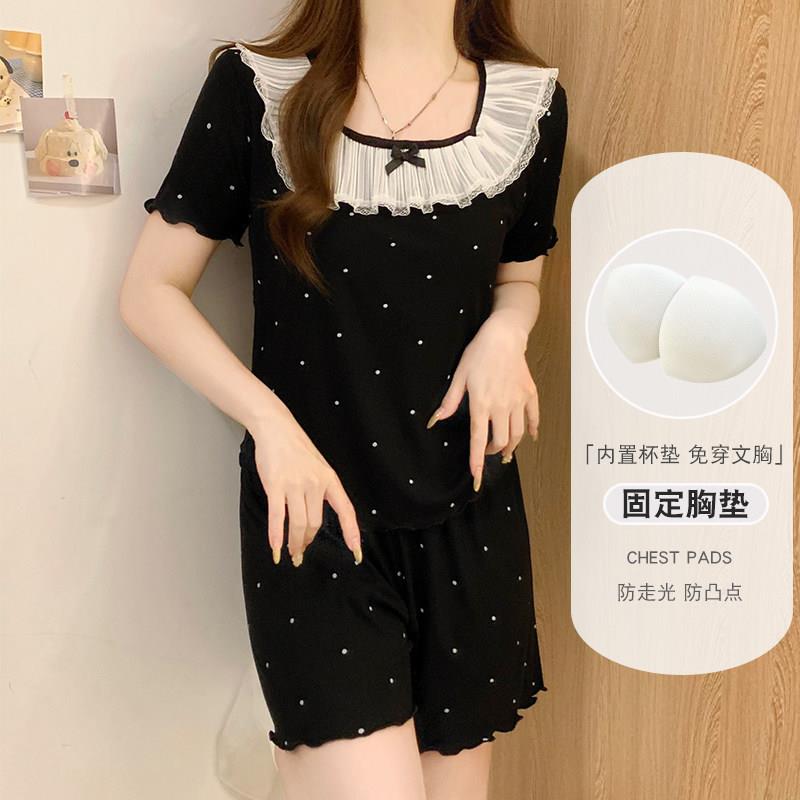 短袖睡衣女款夏季莫代尔2026新款女士纯欲蕾丝波点带胸垫黑色套装