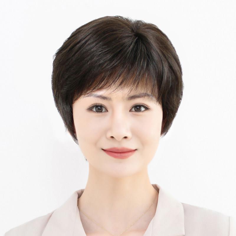 中老年假发全头套女短发全真人发薄款黑色短发妈妈化疗光头假头发