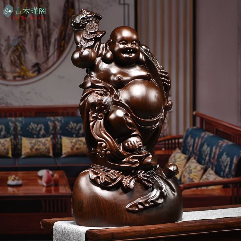 黑檀木雕弥勒佛像摆件大号实木全家福笑佛招财客厅红木工艺品