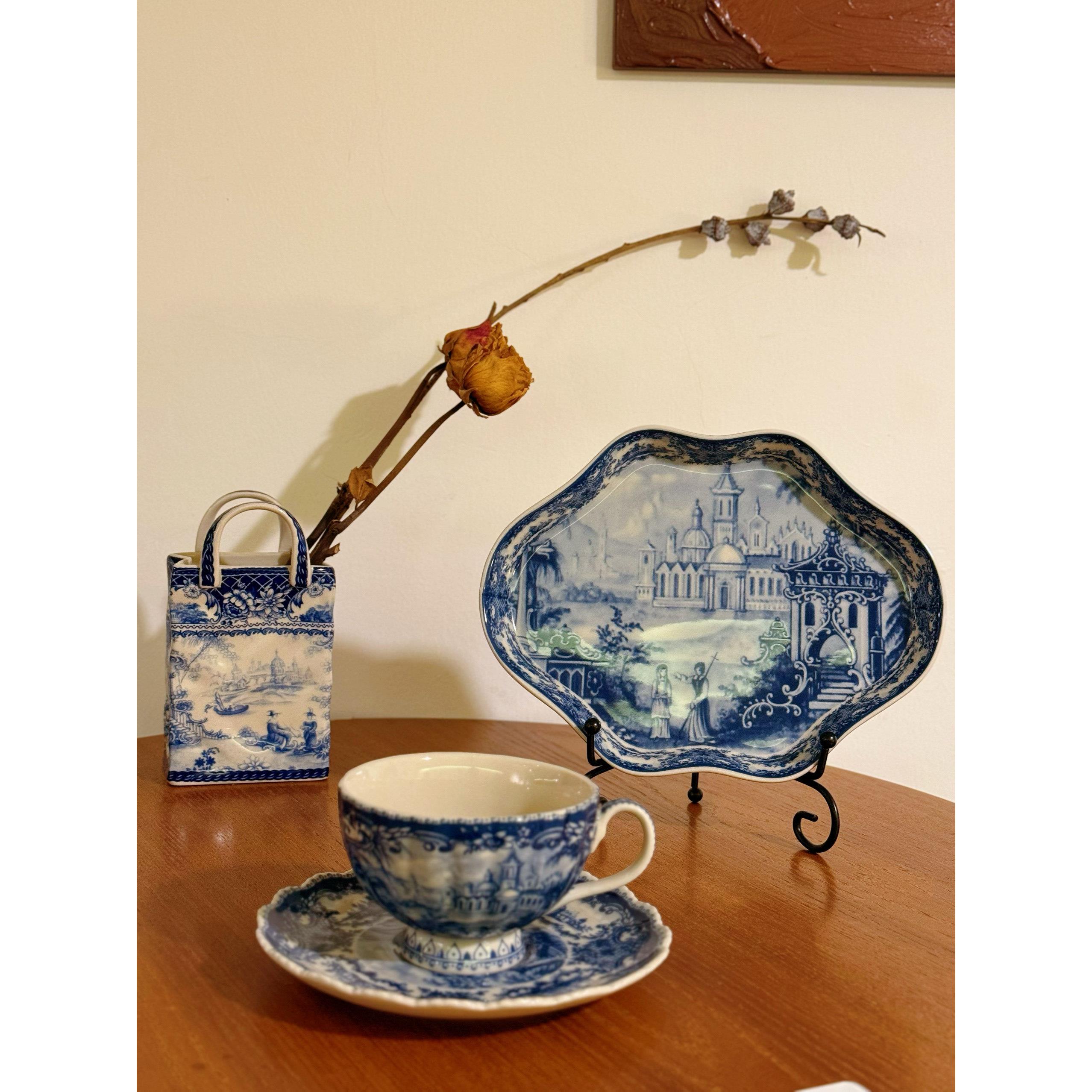 宅物 青花中古蓝色城堡釉下彩甜点盘牛排盘餐盘收藏级