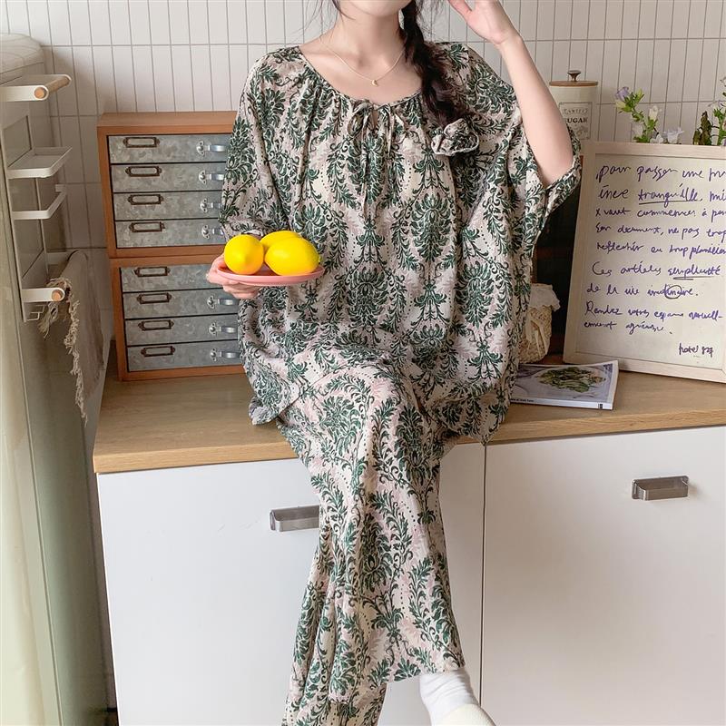 带胸垫棉绸睡衣女夏短袖长裤薄绵绸妈妈家居服人造棉套装超火网红