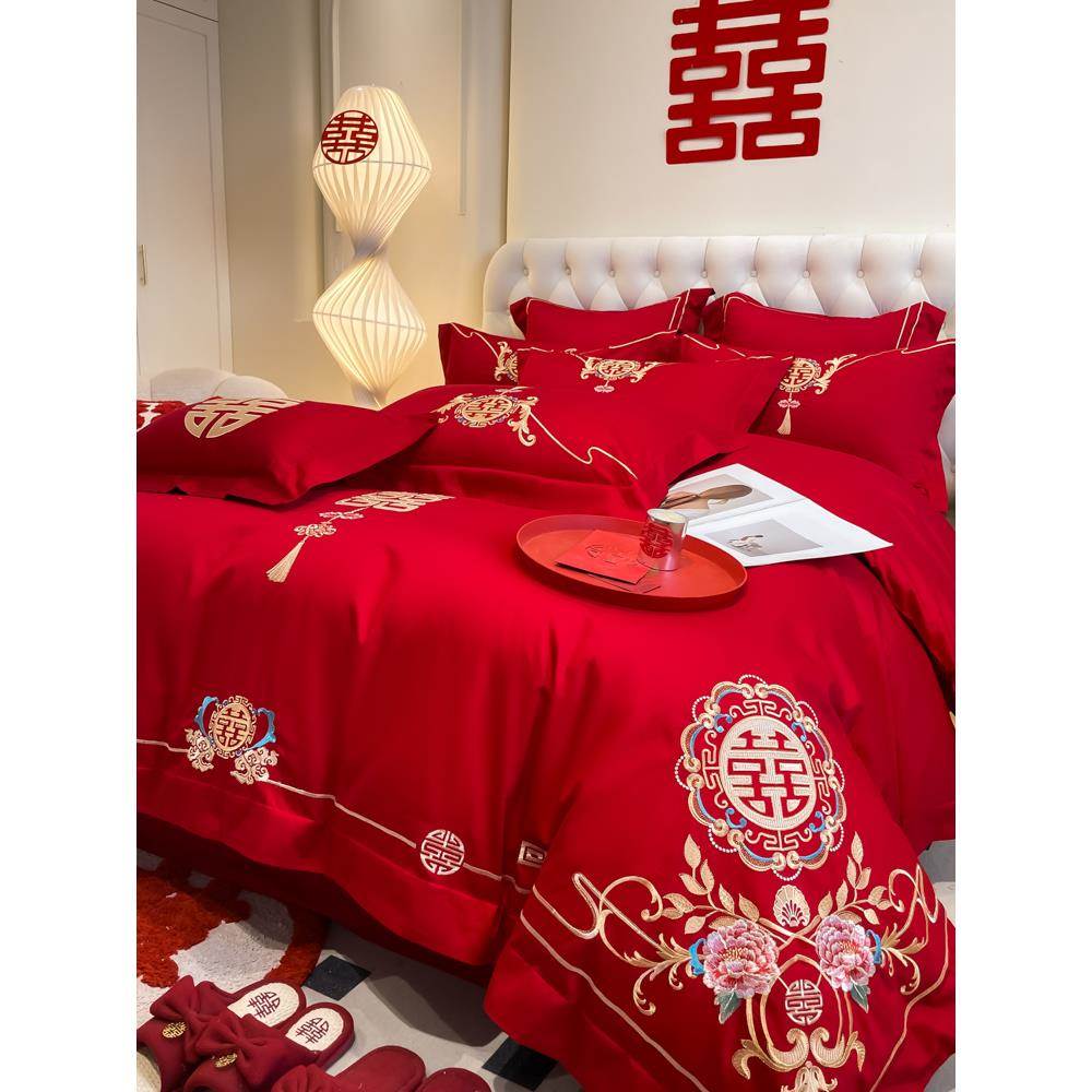 新疆包邮高级感纯棉婚庆四件套红色结婚刺绣被套床单婚礼喜被床上