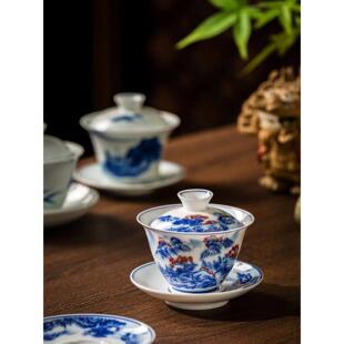 景德镇手工高温羊脂青花瓷三彩碗可移动式大师杯家庭办公礼品茶杯