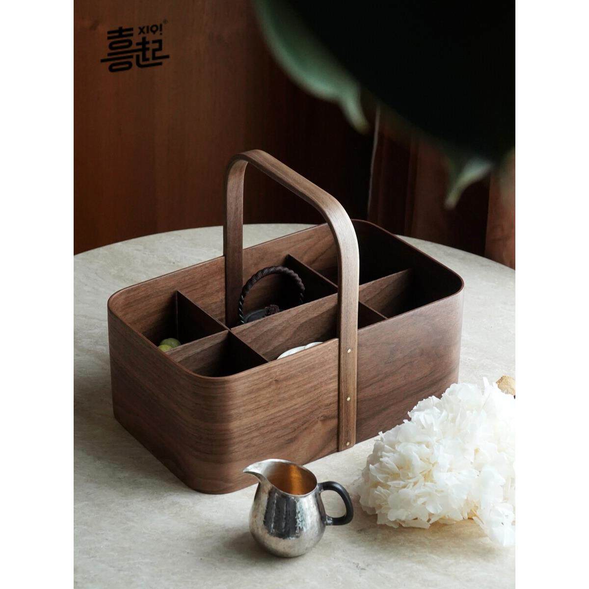黑胡桃书包茶具收纳盒摇壶盒茶具空间装饰品软装饰杂盒野餐篮
