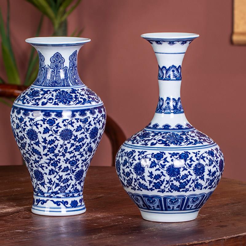 青花瓷花瓶摆件电视柜客厅鲜花百合插花麦穗干燥花彷真花小口