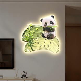 熊猫玄关装饰画竹子时钟客厅背景墙挂画儿童房卧室带灯钟表壁画
