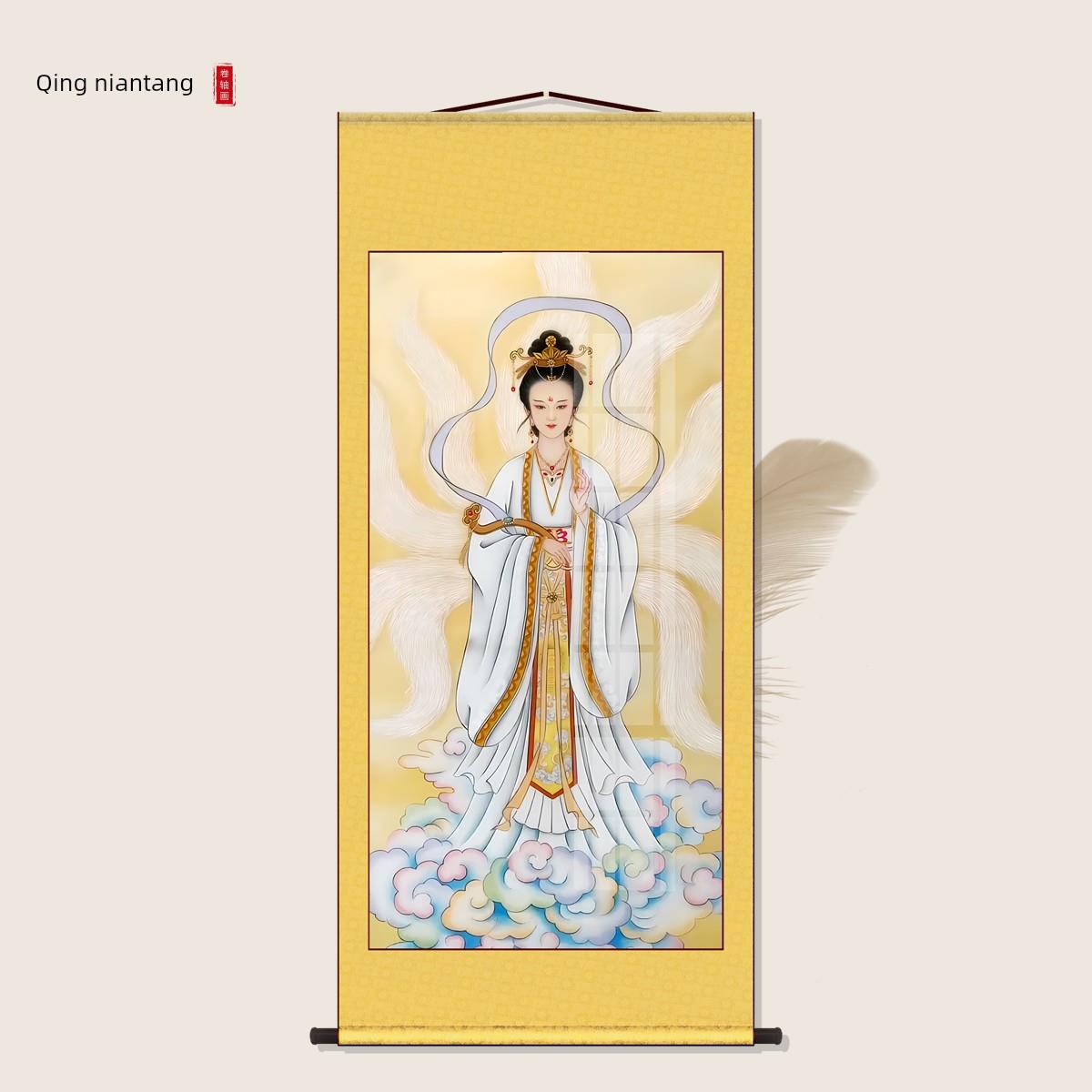 九尾狐画像白色天狐狸胡家东北出马客厅堂口家用供奉丝绸卷轴挂画