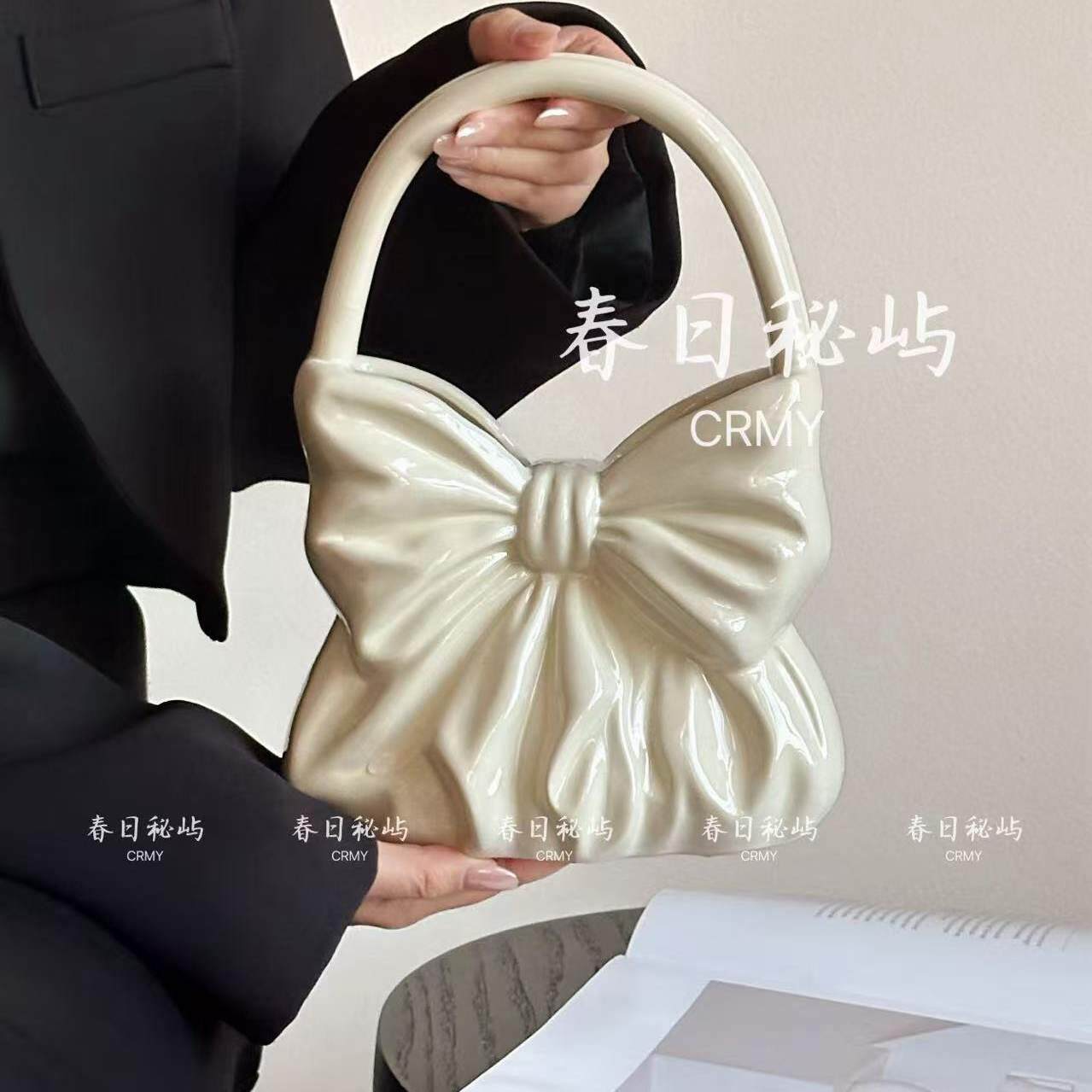 CRMY蝴蝶结陶瓷花器中古南法摆件手提袋花瓶推荐高级小众插花礼物