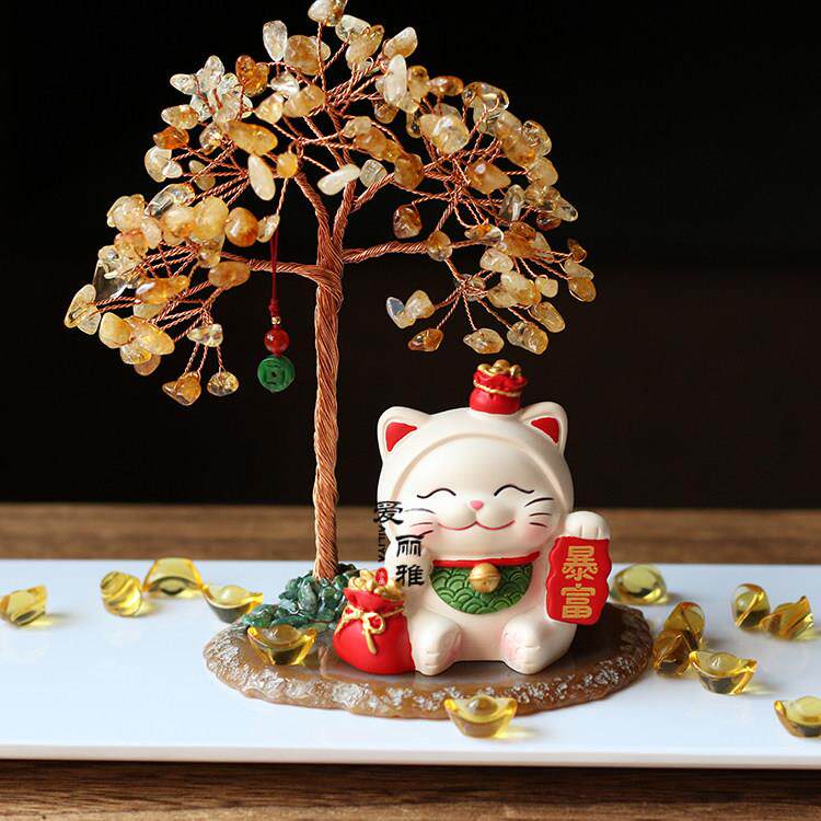 新品天然黄水晶发财树招财猫摆件家居桌面摆饰开业乔迁贺礼品礼物