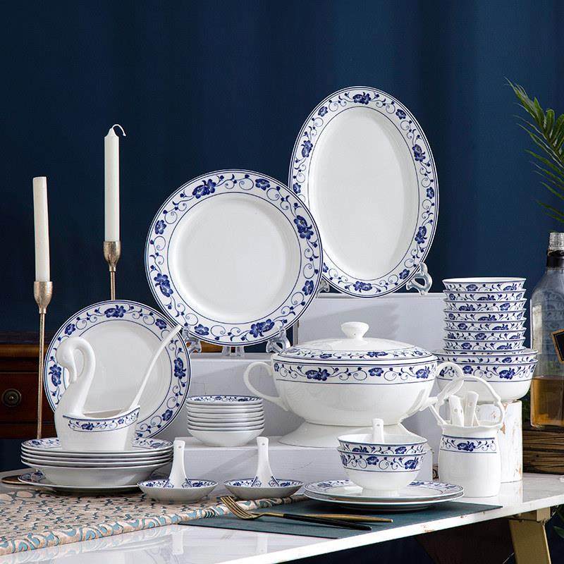 釉下彩餐具景德镇青花瓷骨瓷碗中式陶瓷碗盘家用饭碗乔迁新碗套装,餐饮具,碗,淘宝优惠券,粉丝福利购,淘宝优惠卷