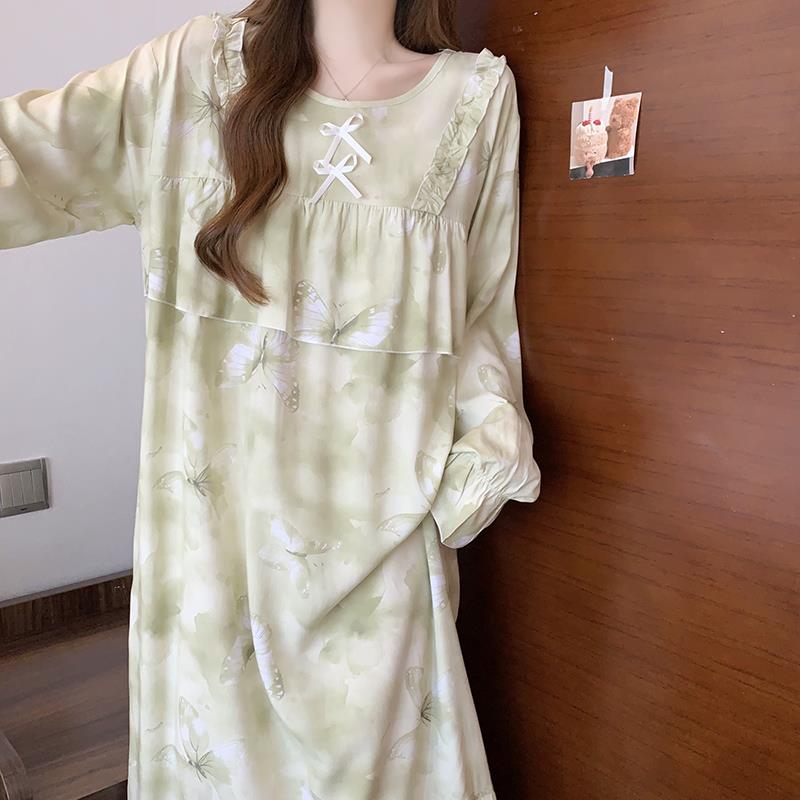 防凸点睡裙女人造棉绸春秋季国风绵绸睡衣女夏天长袖连衣裙可外穿