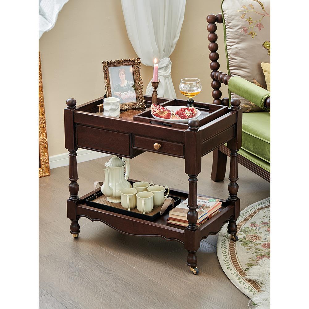 法式复古可移动边几实木小茶几茶桌小推车卧室客厅家用沙发侧边柜