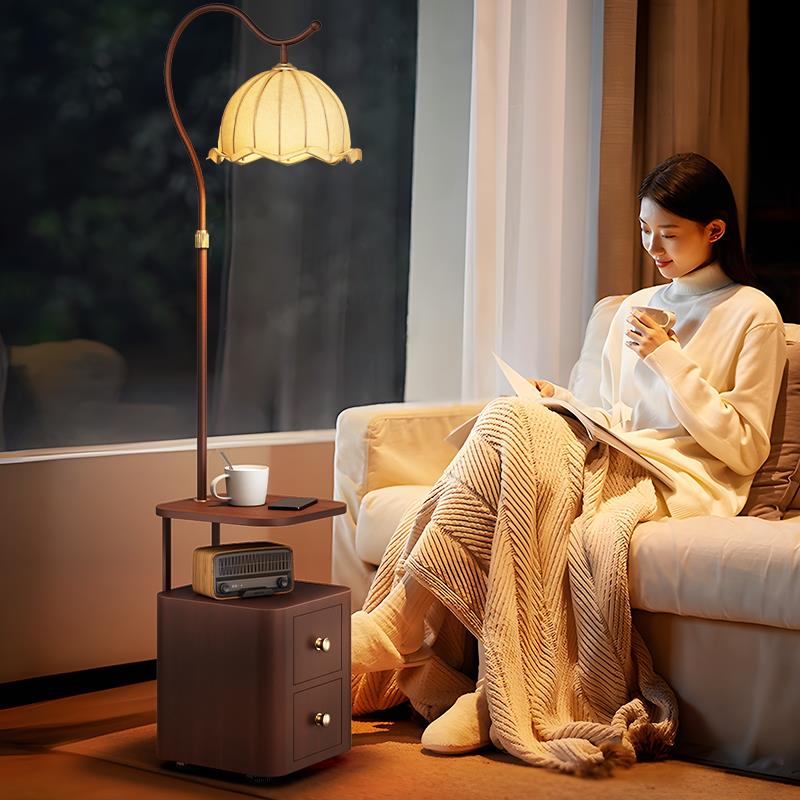 覆古落地灯客厅沙发旁置物架一体收纳柜茶几灯卧室床头柜立式台灯