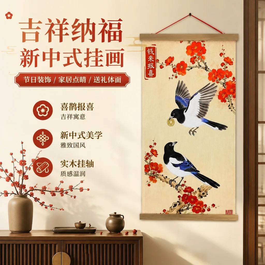 新中式喜鹊报喜实木卷轴装饰画