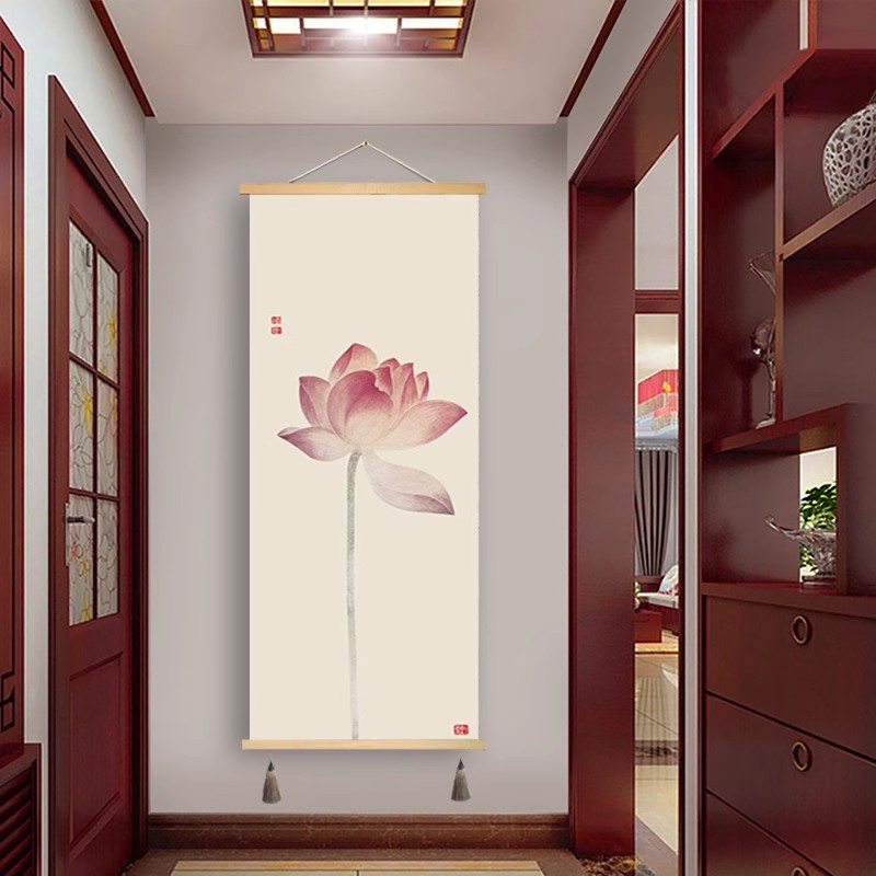 新中式办公室挂画荷花图入户玄关卧室餐厅免打孔装饰画定制卷轴画图片