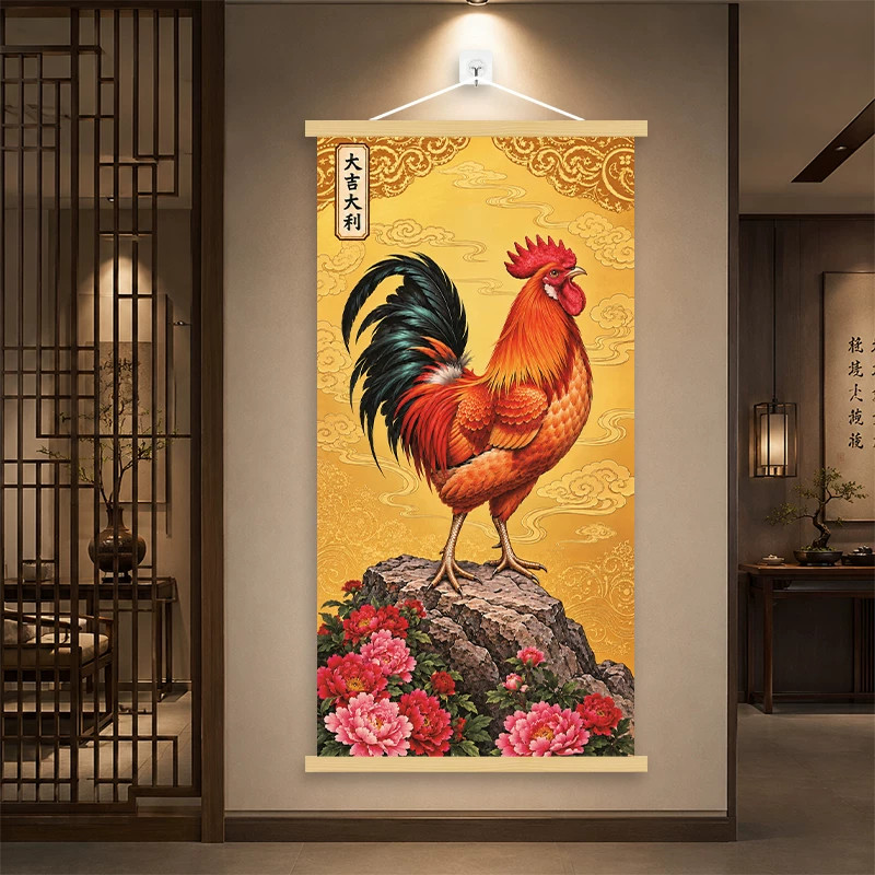 大吉大利招财大公鸡实木卷轴画