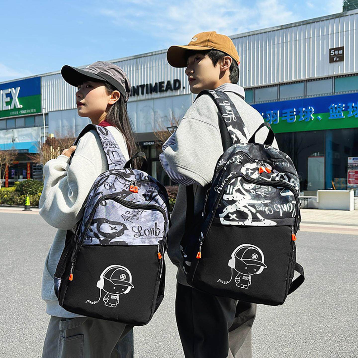 2025新款音乐太空人背包初高中大学生涂鸦印花大容量男女款双肩包