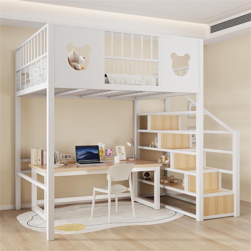 新中式覆古阁楼高架床单上层小户型儿童床公寓铁架床省空间铁艺床