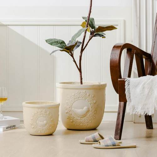 北欧覆古落地镁泥花盆大号蓝花楹橡皮树发财树竹水泥浮雕轻奢花盆