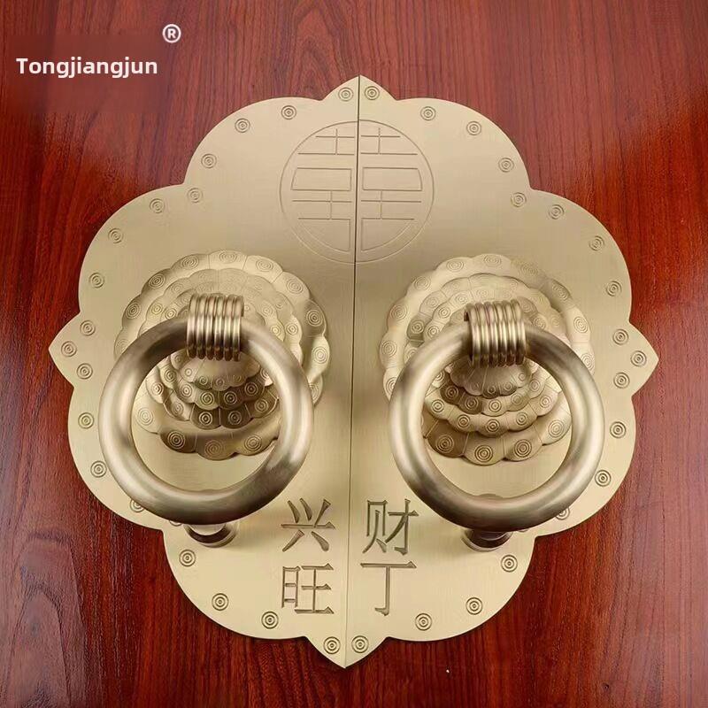 铜江君中式彷古实木大门拉手加厚精雕底板财丁兴旺纯黄铜大拉环