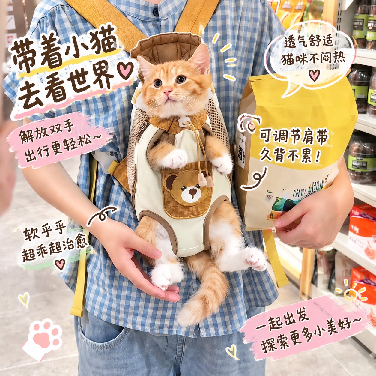 带猫出门神器!小熊宠物胸前背包