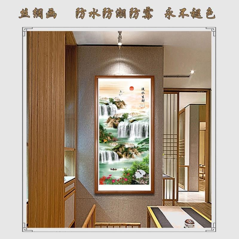 流水生财办公室靠山壁画卷轴挂画客厅竖版大气山水聚宝盆卷轴挂画