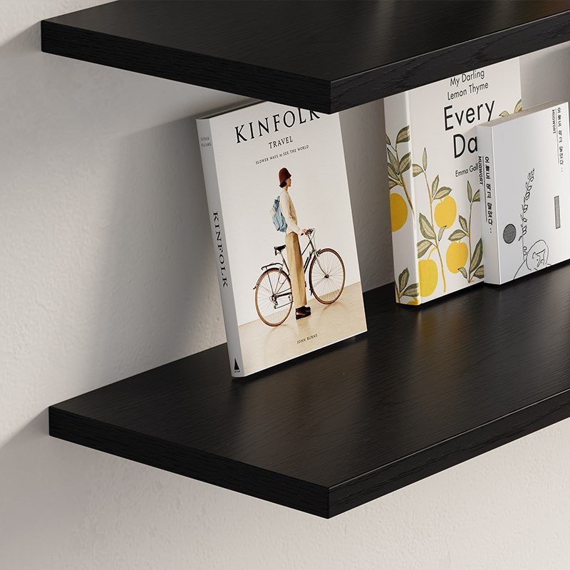 热销黑色百搭实木一字隔板置物架简约现代客厅电视背景墙收纳壁挂