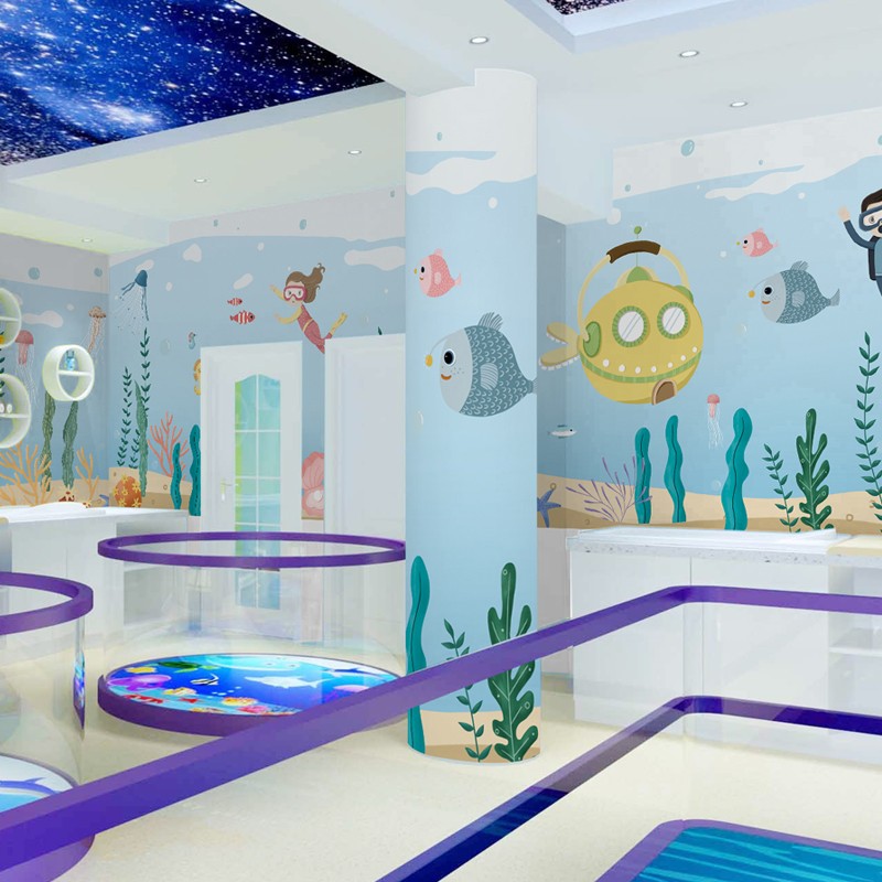 热销墙布儿童房女孩游泳馆墙纸卡通海洋主题壁纸母婴室公主房定制