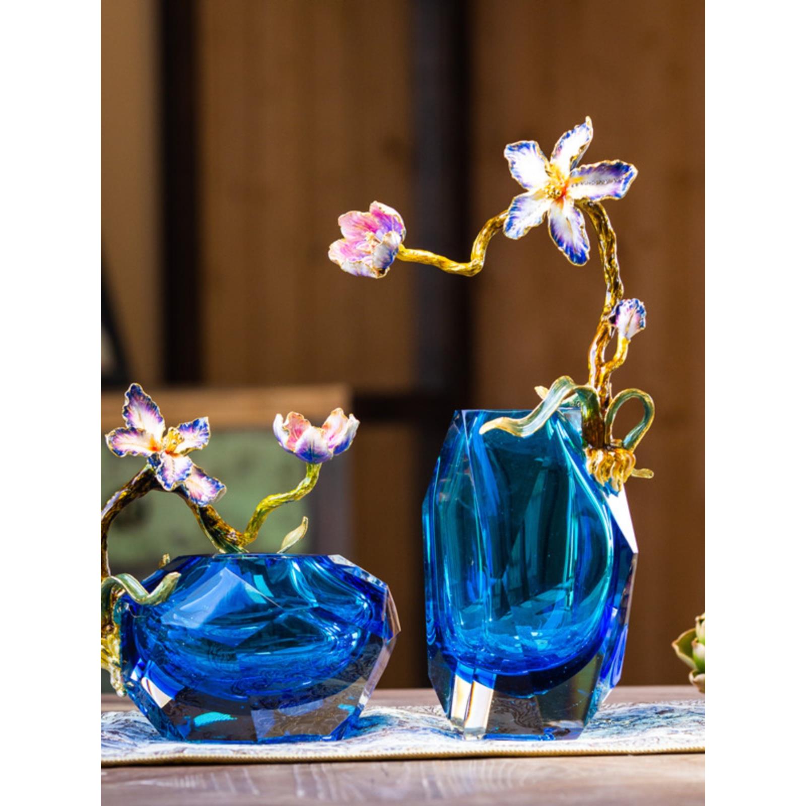 罗曼尼珐琅彩花瓶轻奢创意家居欧式台面花器水晶摆件别墅玄关大号